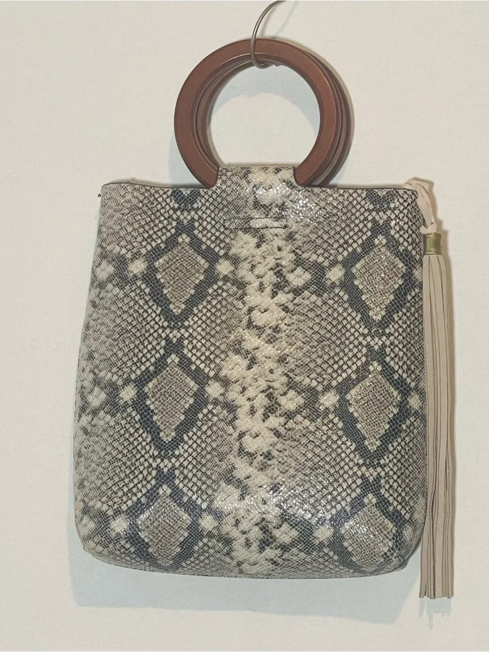 Street Level Nela Snakeskin Print Ring Handle Satchel Bag Grey Black
